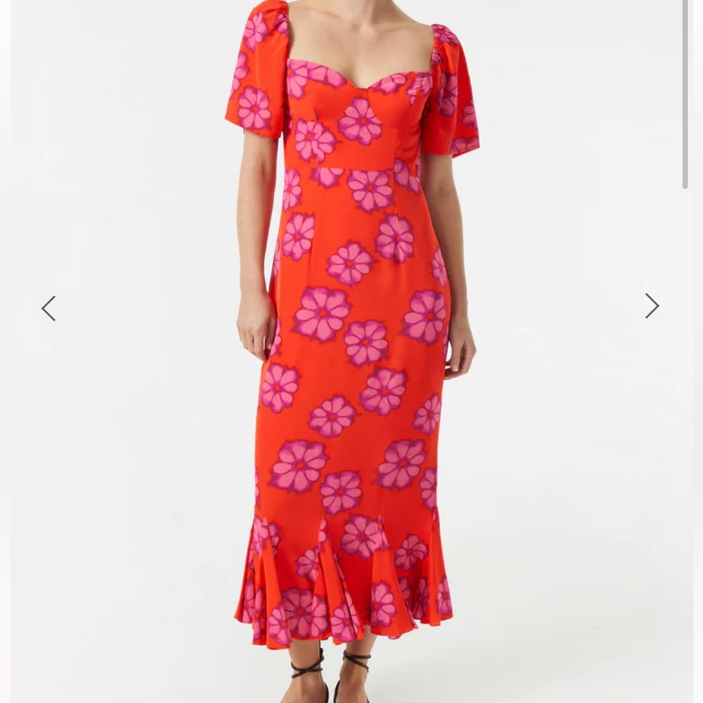 RHODE Red Midi Dress with Pink Floral Print
